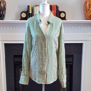 Emerson Lang Young Contemporary Green Striped Plisse Button Down Shirt | XL